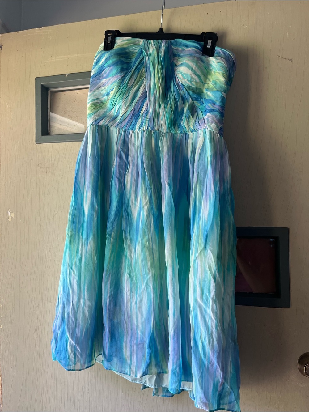 Donna Morgan Strapless Midi Dress in Blue & Green Watercolor
